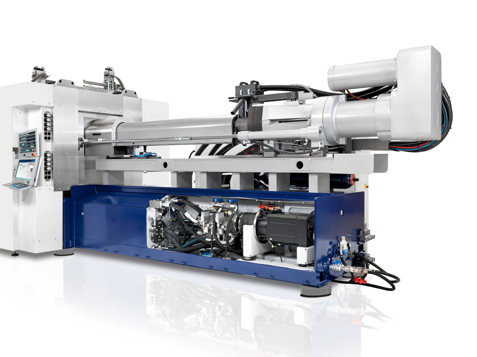 Netstal's adaptive system pressure reduction feature optimizes operating pressure for the hydraulic system of its hybrid injection molding machines.