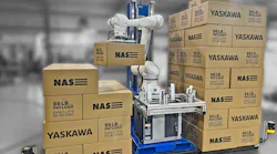 The BMG collaborative palletizer system can stack pallets to a height of 9 feet, and can be transported around a factory with a forklift.