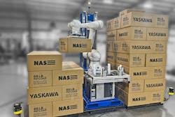 The BMG collaborative palletizer system can stack pallets to a height of 9 feet, and can be transported around a factory with a forklift. The BMG collaborative palletizer system can stack pallets to a height of 9 feet, and can be transported around a factory with a forklift.