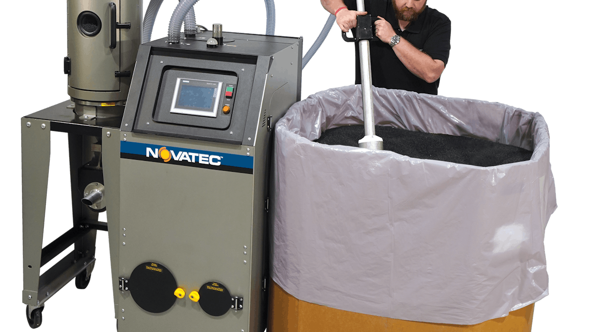 Novatec&apos;s Drying Genie material pickup lance collects information in-line to automatically adjust parameters like blower speeds, temperature and drying times.