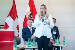 Terri Fanz-Falzone, VP of HR for Engel North America, makes a presentation in front of a delegation from the Swiss, German and Austrian embassies in Washington, D.C., during National Apprenticeship Week. Terri Fanz-Falzone, VP of HR for Engel North America, makes a presentation in front of a delegation from the Swiss, German and Austrian embassies in Washington, D.C., during National Apprenticeship Week.