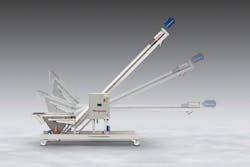 The tilt-down design of this Flexicon conveyor makes it easy to position. The tilt-down design of this Flexicon conveyor makes it easy to position.