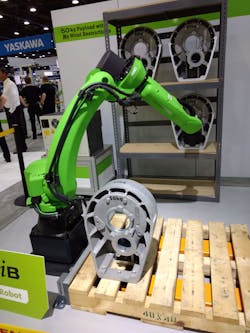 A Fanuc CR-35iB cobot takes 110-pound loads off a pallet in May at Automate.