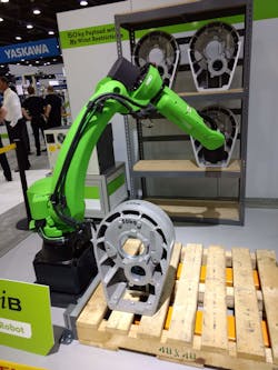 A Fanuc CR-35iB cobot takes 110-pound loads off a pallet in May at Automate. A Fanuc CR-35iB cobot takes 110-pound loads off a pallet in May at Automate.