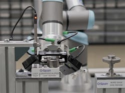 New Scale Robotics' Q-Span automated gauging system works with Universal Robots cobots. New Scale Robotics' Q-Span automated gauging system works with Universal Robots cobots.