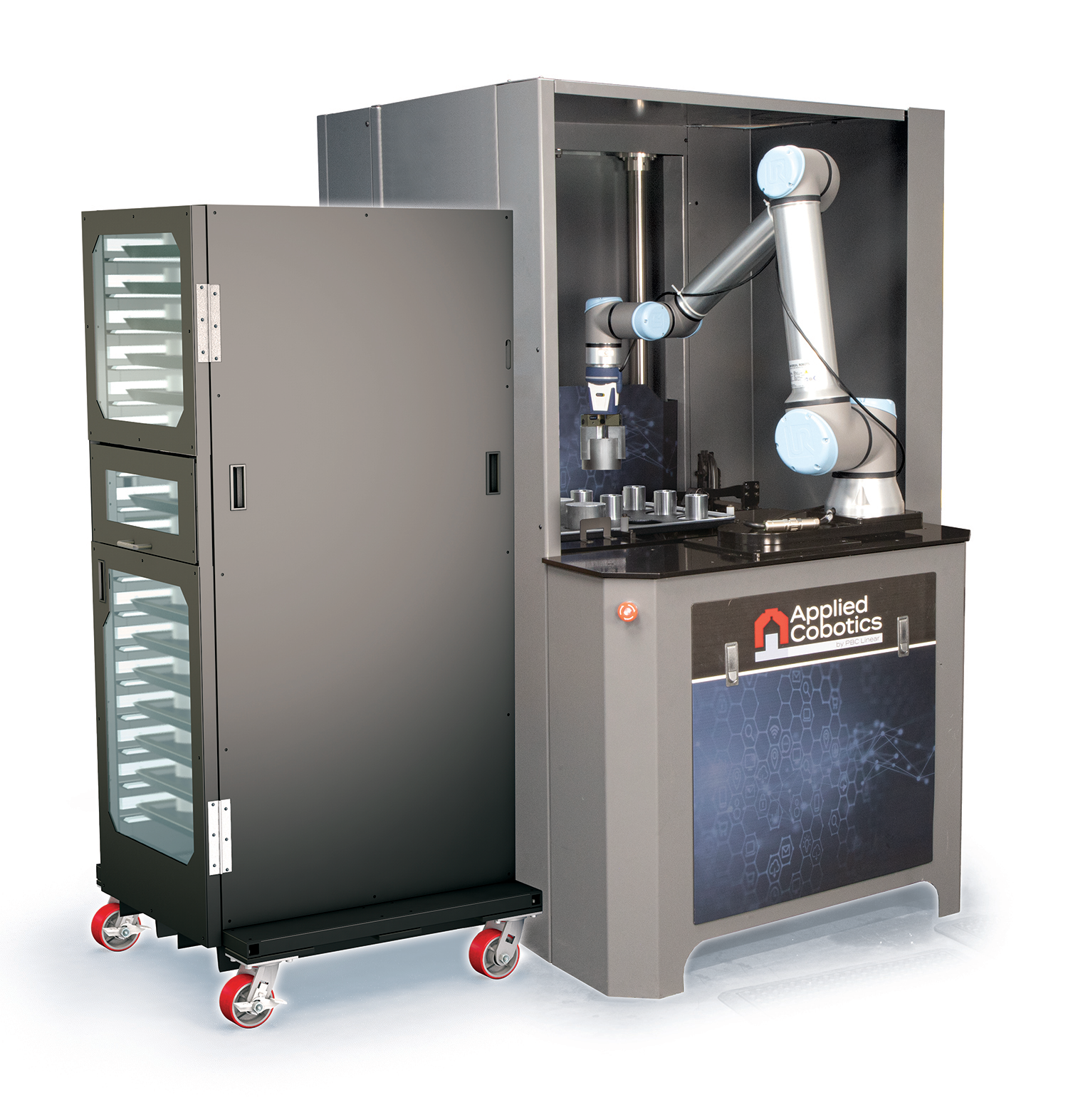 Applied Cobotics' Cobot Feeder holds trays of parts and exchanges empty trays for full ones.