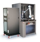 Applied Cobotics&apos; Cobot Feeder holds trays of parts and exchanges empty trays for full ones.