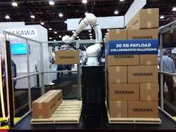 As demonstrated in May at Automate, Yaskawa&rsquo;s new HC30PL collaborative robot (cobot) can handle a payload of up to 66 pounds and has a horizontal reach of about 5.5 feet radius from the base. The cobot at the show used a 48-inch-tall riser to achieve an 88-inch stack height.