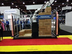 As demonstrated in May at Automate, Yaskawa&rsquo;s new HC30PL collaborative robot (cobot) can handle a payload of up to 66 pounds and has a horizontal reach of about 5.5 feet radius from the base. The cobot at the show used a 48-inch-tall riser to achieve an 88-inch stack height.