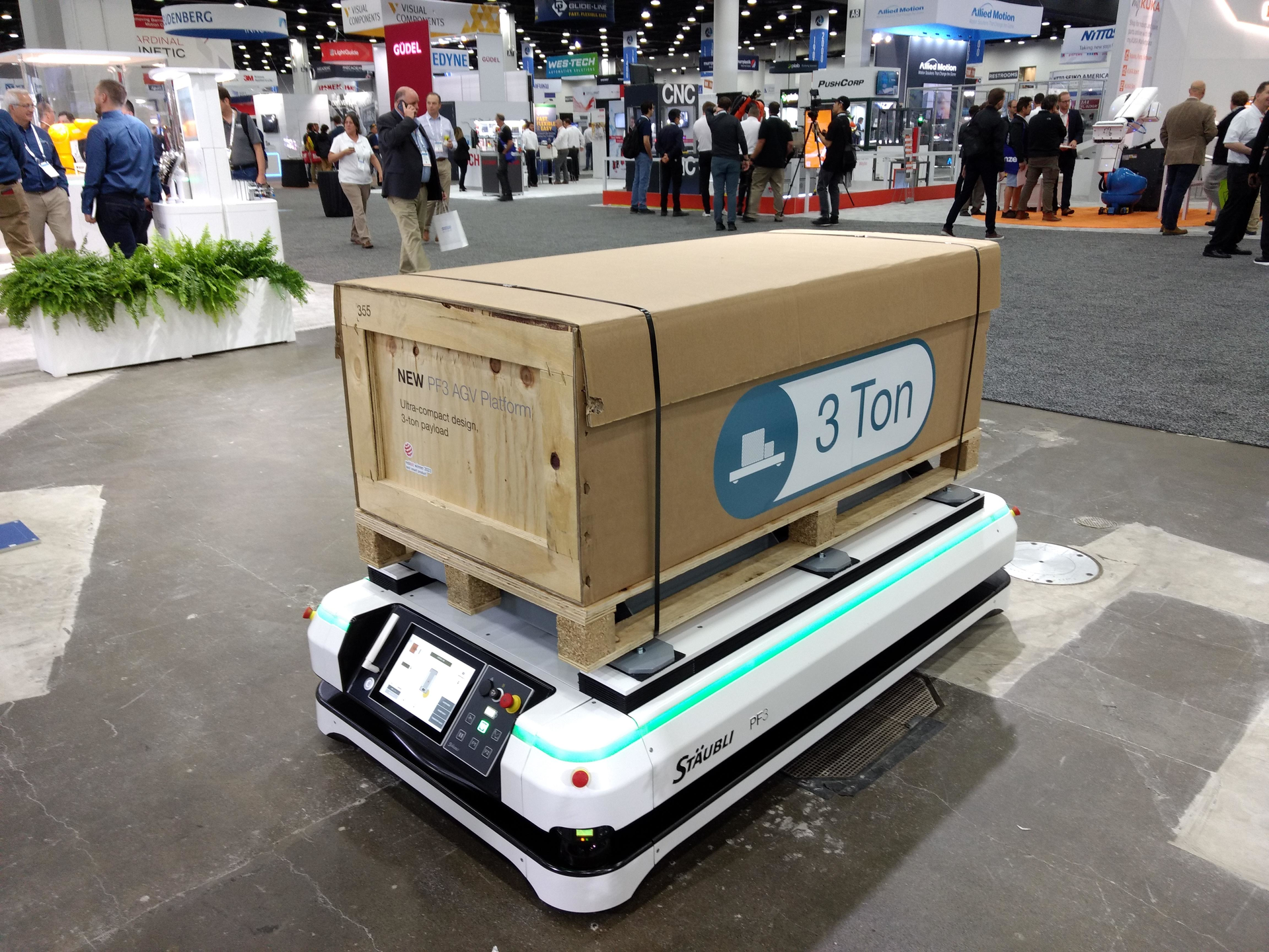 Measuring 68.9 inches by 38.2 inches, St&auml;ubli's new PF3 automated guided vehicle has a top payload of 3 tons.