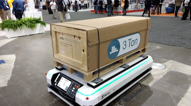 Measuring 68.9 inches by 38.2 inches, St&auml;ubli&apos;s new PF3 automated guided vehicle has a top payload of 3 tons.