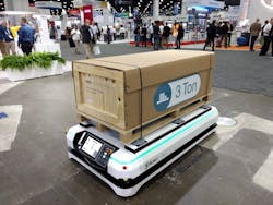 Measuring 68.9 inches by 38.2 inches, Stäubli's new PF3 automated guided vehicle has a top payload of 3 tons. Measuring 68.9 inches by 38.2 inches, Stäubli's new PF3 automated guided vehicle has a top payload of 3 tons.