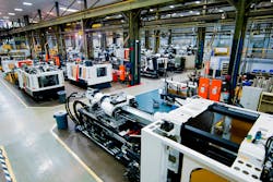 Primary processing machines in various states of completion are spread out across the production floor of Milacron’s Batavia, Ohio, facility. Primary processing machines in various states of completion are spread out across the production floor of Milacron’s Batavia, Ohio, facility.