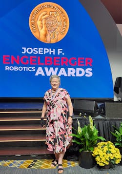Universal Robots’ Global Technical Compliance Officer Roberta Nelson Shea was honored for her decades of work to improve cobot safety by being presented with the Joseph F. Engelberger Robotics Award for Applications at a ceremony at Automate 2023 in Detroit. Universal Robots’ Global Technical Compliance Officer Roberta Nelson Shea was honored for her decades of work to improve cobot safety by being presented with the Joseph F. Engelberger Robotics Award for Applications at a ceremony at Automate 2023 in Detroit.