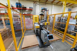 The Columbia/Okura miniPAL+ integrated palletizing system uses Universal Robots’ new UR20 to provide improved performance over its predecessor. The Columbia/Okura miniPAL+ integrated palletizing system uses Universal Robots’ new UR20 to provide improved performance over its predecessor.