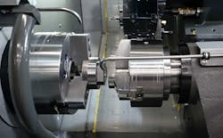 Haas’ DS-30Y combines dual-spindle turning with Y-axis, C-axis, and live tooling capabilities. Haas’ DS-30Y combines dual-spindle turning with Y-axis, C-axis, and live tooling capabilities.