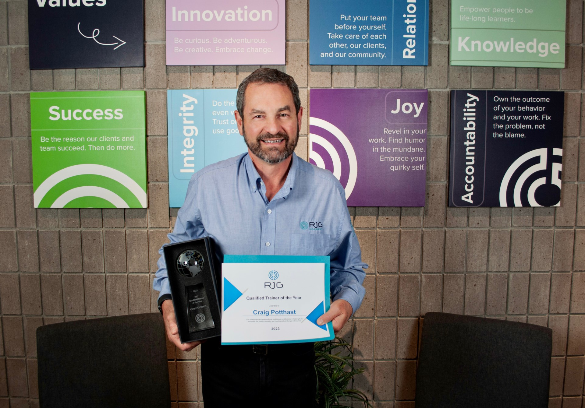 Craig Potthast, a plastics trainer at Central Community College in Columbus, Neb., was recognized with RJG's 2023 Qualified Trainer of the Year award.