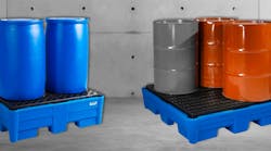 These Denios pallets contain potentially hazardous chemical spills from drums.