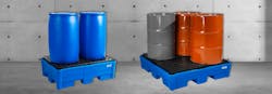 These Denios pallets contain potentially hazardous chemical spills from drums. These Denios pallets contain potentially hazardous chemical spills from drums.