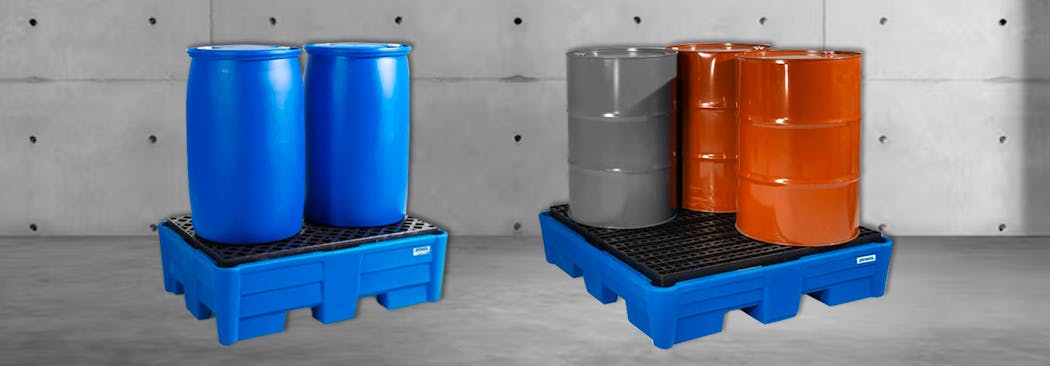 These Denios pallets contain potentially hazardous chemical spills from drums.