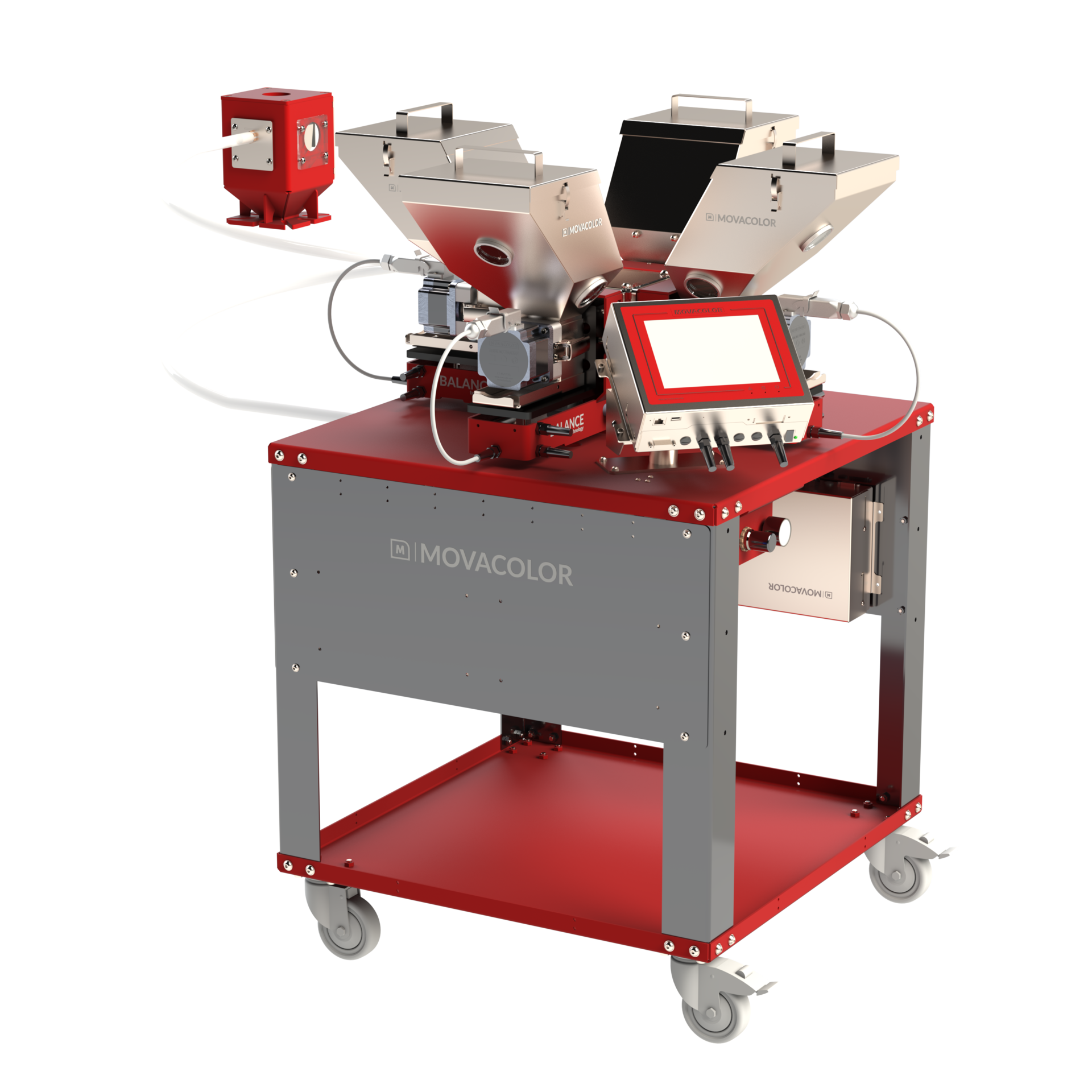 The Movacolor Off-line dosing unit is placed on a trolley next to large processing machines.