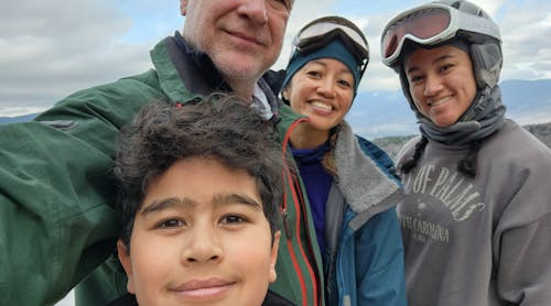 RapidPurge President and CEO Joe Serell pauses with his family -- wife Jane, daughter Samantha and son Tobias -- for a selfie during one of the family&apos;s regular ski weekends.
