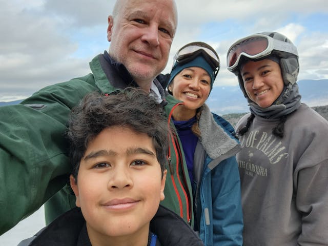 RapidPurge President and CEO Joe Serell pauses with his family -- wife Jane, daughter Samantha and son Tobias -- for a selfie during one of the family&apos;s regular ski weekends.