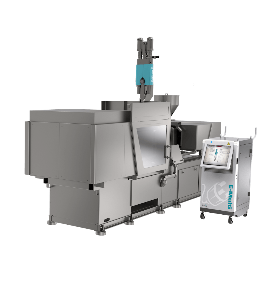 E-Multi auxiliary injection units from Mold-Masters can be installed on injection molding machines in a variety of ways to accommodate the space available to users.