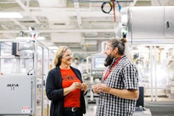 Plant manager Jamie Niemeyer, right, and Millicent “Millie” Nuno, VP of sales, talk things over at Hoffer Plastics. Company executives say they look to balance external hires with internal promotions, to ensure the company can maintain its culture while benefiting from a mix of perspectives and experiences. Plant manager Jamie Niemeyer, right, and Millicent “Millie” Nuno, VP of sales, talk things over at Hoffer Plastics. Company executives say they look to balance external hires with internal promotions, to ensure the company can maintain its culture while benefiting from a mix of perspectives and experiences.