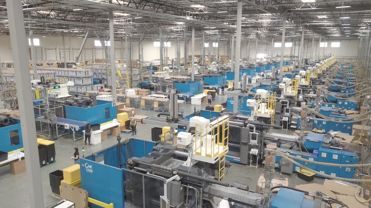 The plant floor at U.S. Merchants in California is filled with LS Mtron injection molding machines.
