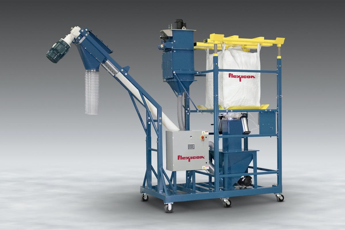 This Bulk-Out BFF-series discharger from Flexicon combines a bulk bag discharger and a flexible screw conveyor in a single mobile unit.