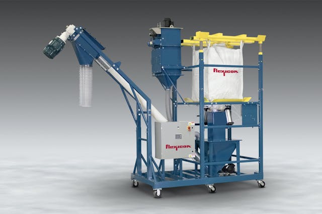 This Bulk-Out BFF-series discharger from Flexicon combines a bulk bag discharger and a flexible screw conveyor in a single mobile unit.