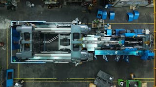 An aerial view of an injection molding machine under construction in LS Mtron&apos;s South Korea factory.