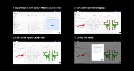 Screenshots from 1000 Kelvin&rsquo;s Amaize illustrate the workflow for the software, designed for 3D printing. Users upload a print file to the Amaize cloud, which analyzes the part and automatically corrects issues by modifying the 3D printer's instructions and recipe.