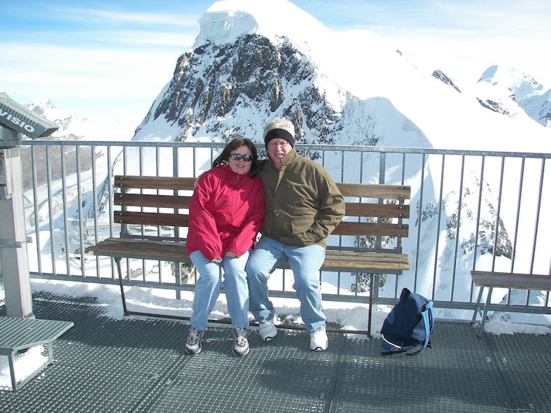 Ron Hertzer and his wife, Barbara, pose in front of the Matterhorn during a weekend jaunt the couple took to Switzerland while Ron was visiting a plant in Germany on business for Milacron.
