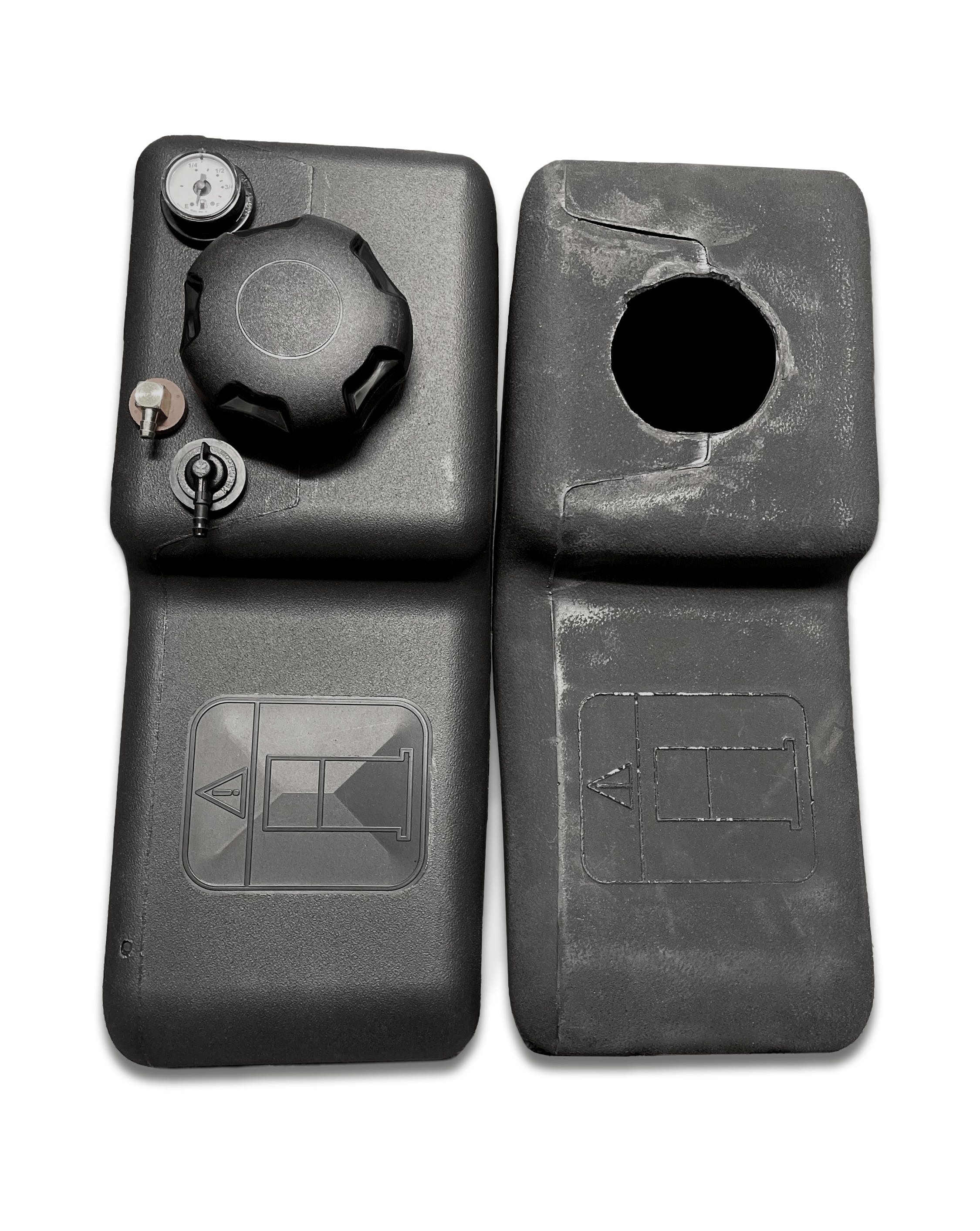 A fuel tank made with Celanese's Hostaform POM RF, left, shows the improved cosmetic appearance and clarity of the raised graphic it can produce, compared with a tank rotomolded with nylon 6, right.