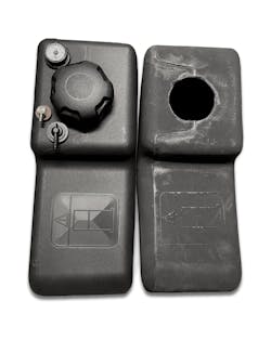 A fuel tank made with Celanese's Hostaform POM RF, left, shows the improved cosmetic appearance and clarity of the raised graphic it can produce, compared with a tank rotomolded with nylon 6, right. A fuel tank made with Celanese's Hostaform POM RF, left, shows the improved cosmetic appearance and clarity of the raised graphic it can produce, compared with a tank rotomolded with nylon 6, right.