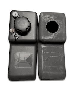 A fuel tank made with Celanese's Hostaform POM RF, left, shows the improved cosmetic appearance and clarity of the raised graphic it can produce, compared with a tank rotomolded with nylon 6, right. A fuel tank made with Celanese's Hostaform POM RF, left, shows the improved cosmetic appearance and clarity of the raised graphic it can produce, compared with a tank rotomolded with nylon 6, right.