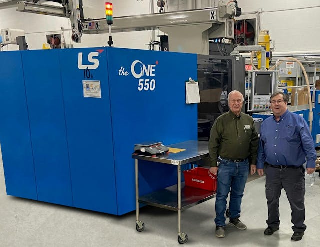 MCSI President Mike Cindia (left) stands with LS Mtron IMM USA Regional Sales Manager Mark Seed. MCSI now represents LS Mtron injection molding machines in the Midwest.