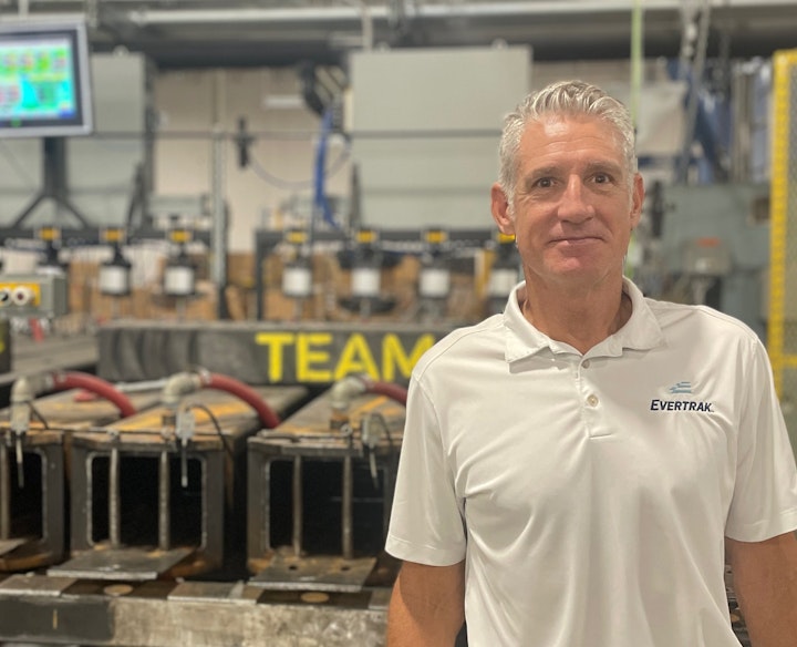 Evertrak Founder and CEO Tim Noonan stands in front of some of the molds that are used to form his company's Evertrak 7000 composite railroad ties.