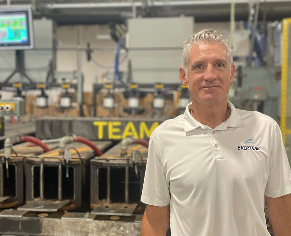 Evertrak Founder and CEO Tim Noonan stands in front of some of the molds that are used to form his company&apos;s Evertrak 7000 composite railroad ties.