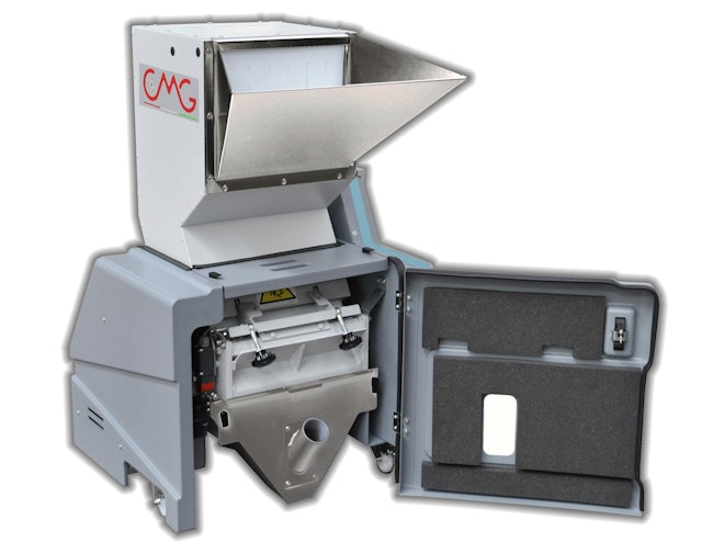 The CMG G17-MED granulator puts out high-quality regrind the size of virgin pellets while minimizing dust.