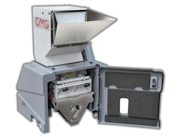 The CMG G17-MED granulator puts out high-quality regrind the size of virgin pellets while minimizing dust. The CMG G17-MED granulator puts out high-quality regrind the size of virgin pellets while minimizing dust.