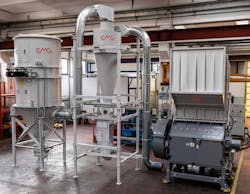 CMG's Regrind Evac system evacuates and dedusts material from the company's granulators and conveys it to a cyclone receiver. CMG's Regrind Evac system evacuates and dedusts material from the company's granulators and conveys it to a cyclone receiver.