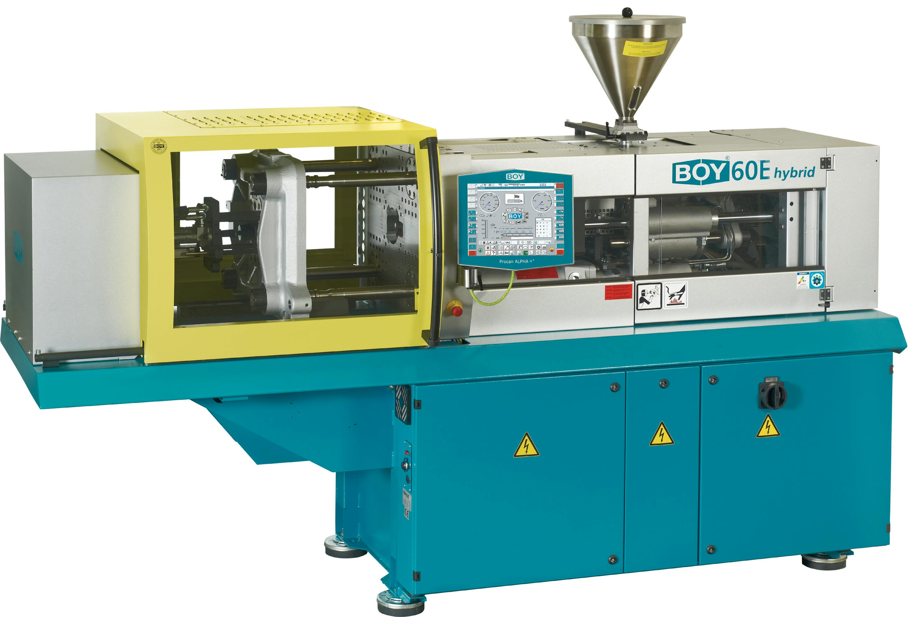 A Boy 60E hybrid IMM with a new electromechanical ejector system produced closure caps at NPE.