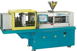 A Boy 60E hybrid IMM with a new electromechanical ejector system produced closure caps at NPE. A Boy 60E hybrid IMM with a new electromechanical ejector system produced closure caps at NPE.