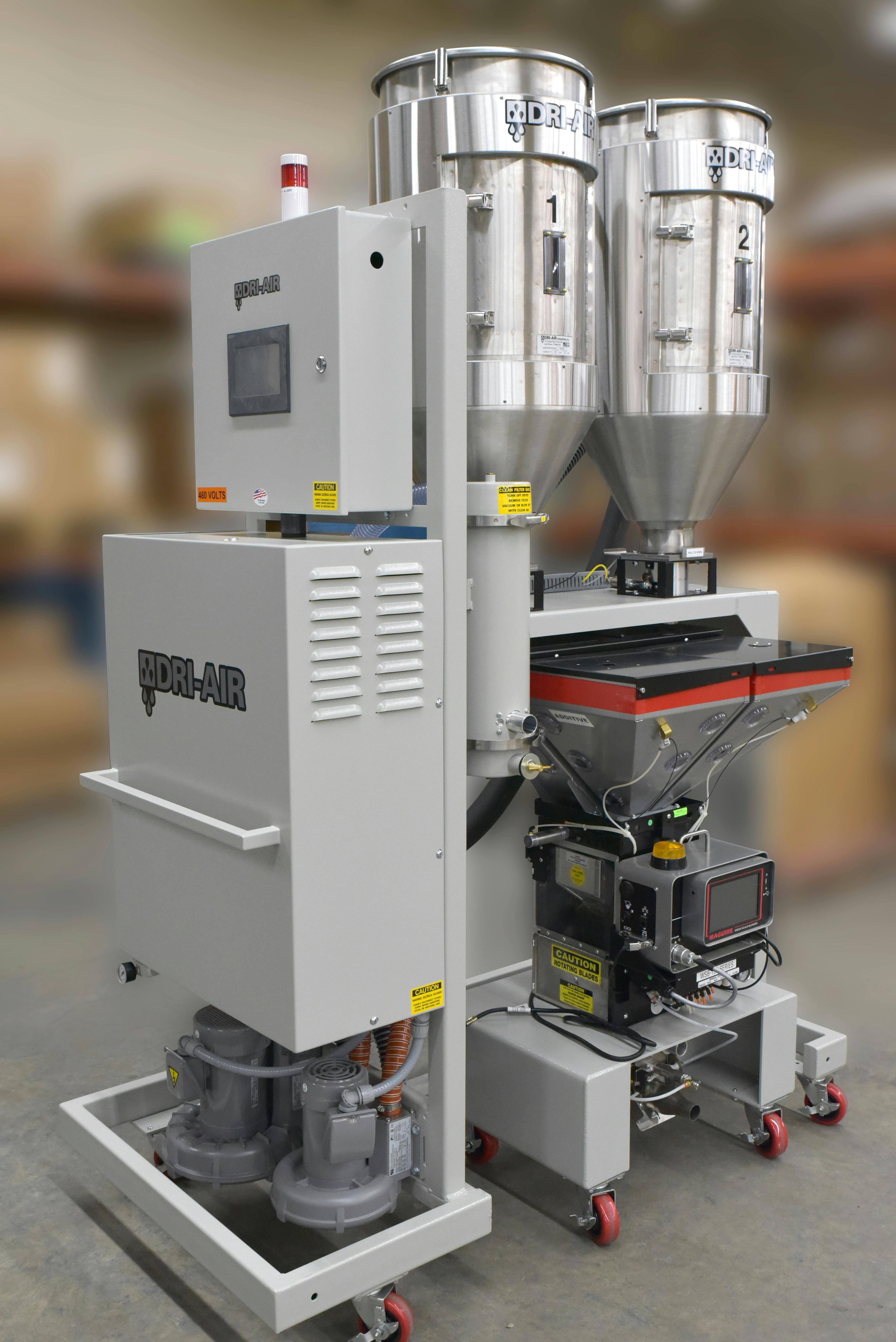 Dri-Air's second-generation on-demand drying/blending system incorporates a Maguire weigh scale blender to provide optimized drying of virgin materials and regrind.