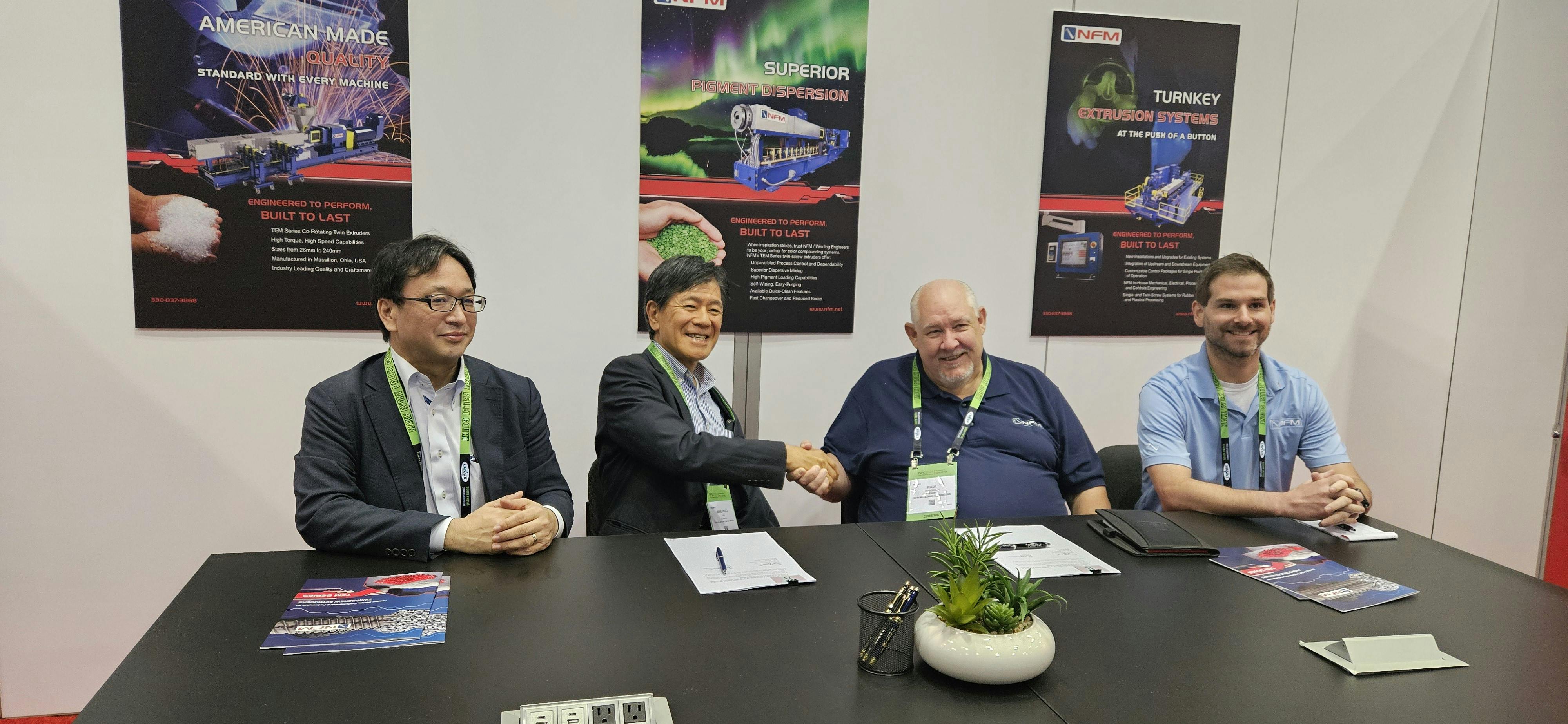 From left to right: Koji Onda, manager, export extrusion sales for Shibaura Machine, Japan; Masayuki Yagi, assistant president, new machinery development for Shibaura Machine, Japan; NFM President Paul Roberson; and NFM account manage Nick Roberson