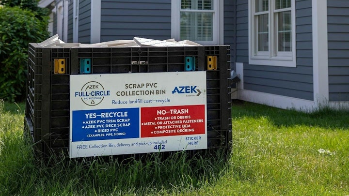 Azek and Return Polymers have teamed up on a project to make building products from recycled material. A collection bin is shown at a job site.
