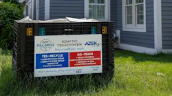 Azek and Return Polymers have teamed up on a project to make building products from recycled material. A collection bin is shown at a job site.